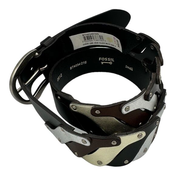 Fossil Womens Black Curve Link Leather Belt With Silver Look Hardware Size Small - Picture 12 of 12